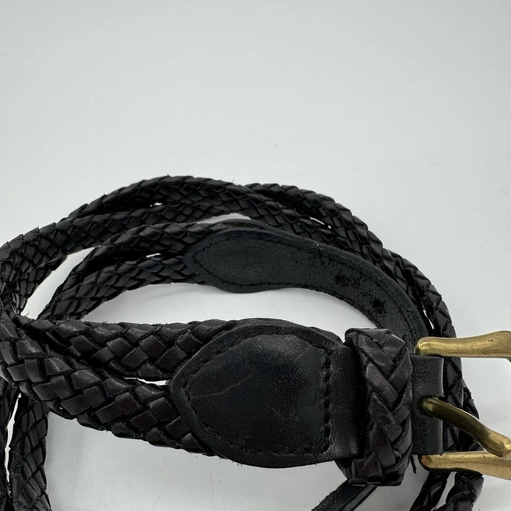 Talbots Genuine Leather Braided Belt Solid Brass Buckle Black XS VTG 6309‎ Boho